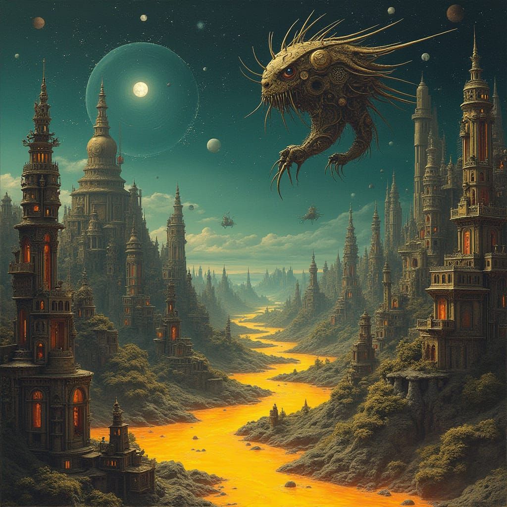 Surreal Alien Cityscape with Clockwork Sky