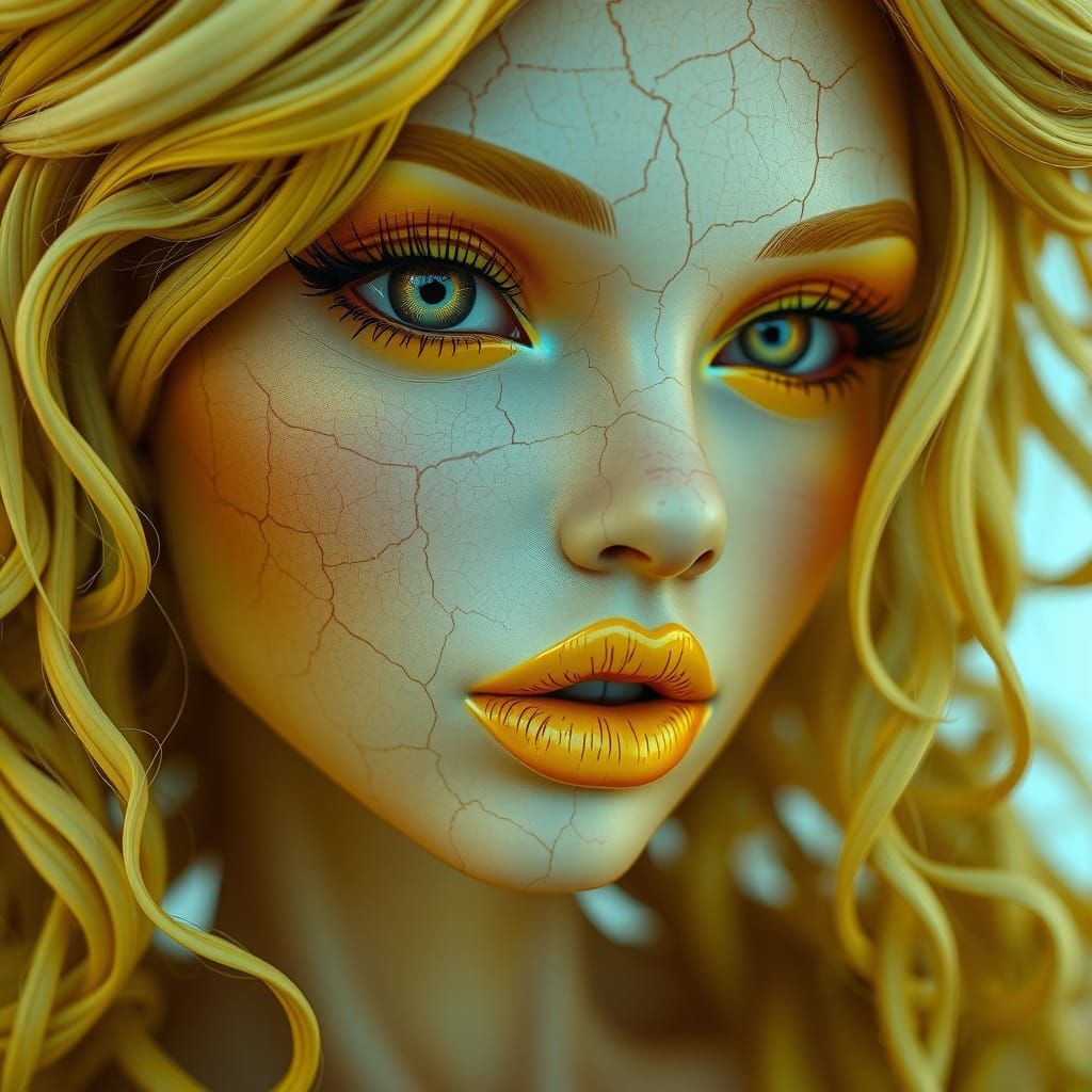 Surreal Female Portrait in Vibrant Yellow, with Cracked Skin...