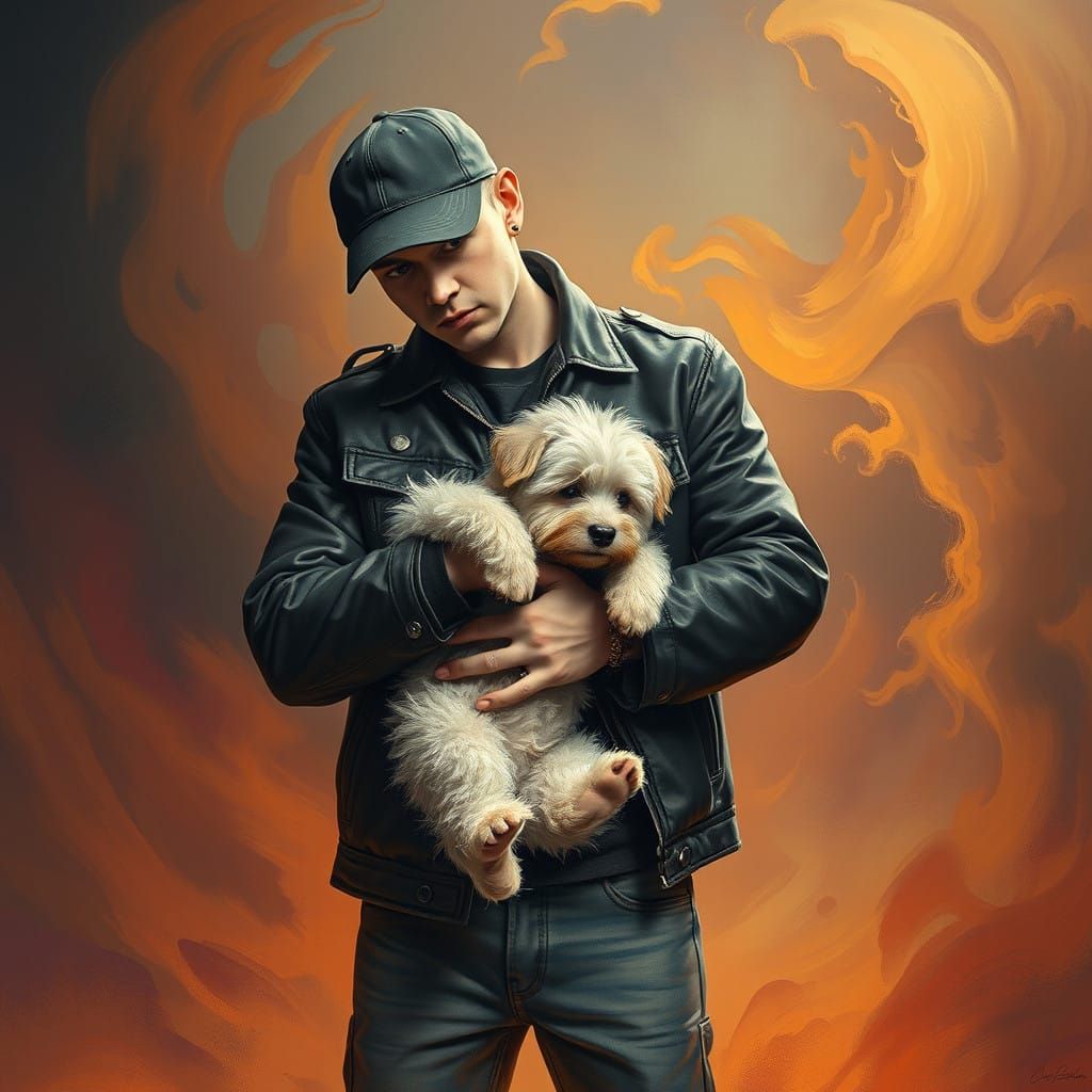 Eminem in Dreamlike Atmosphere with Adorable White Dog