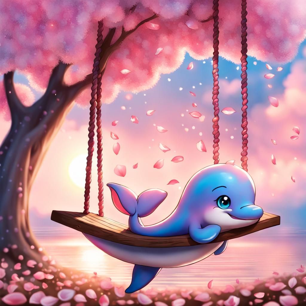 Cute Kawaii Dolphin on a Swing at Sunset
