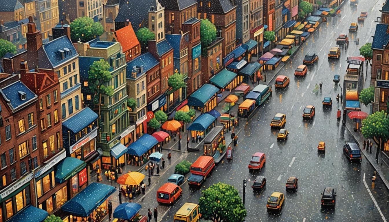 City Street in Rain: A Pointillist Impression