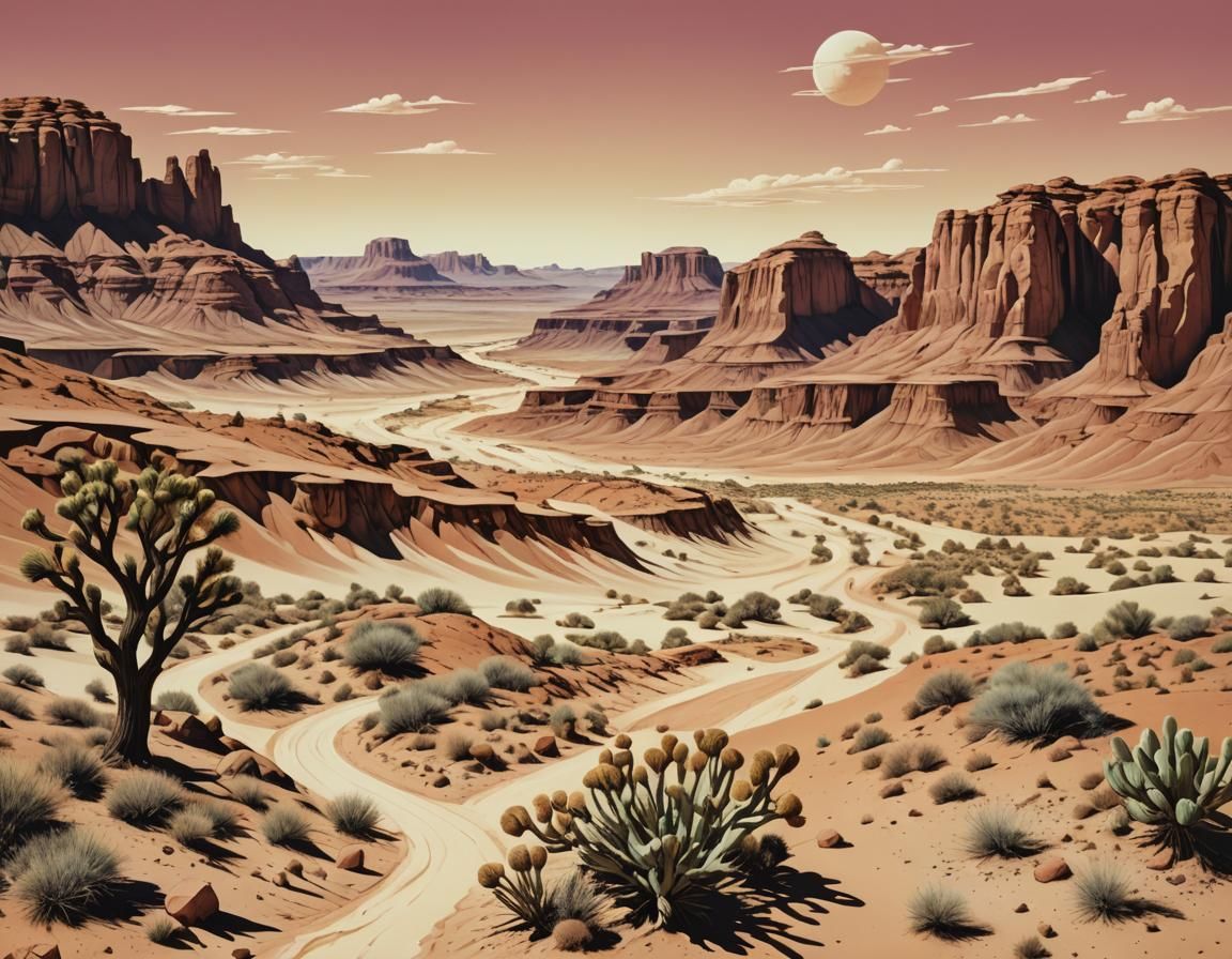 Surreal Desert Landscape Hand Painted
