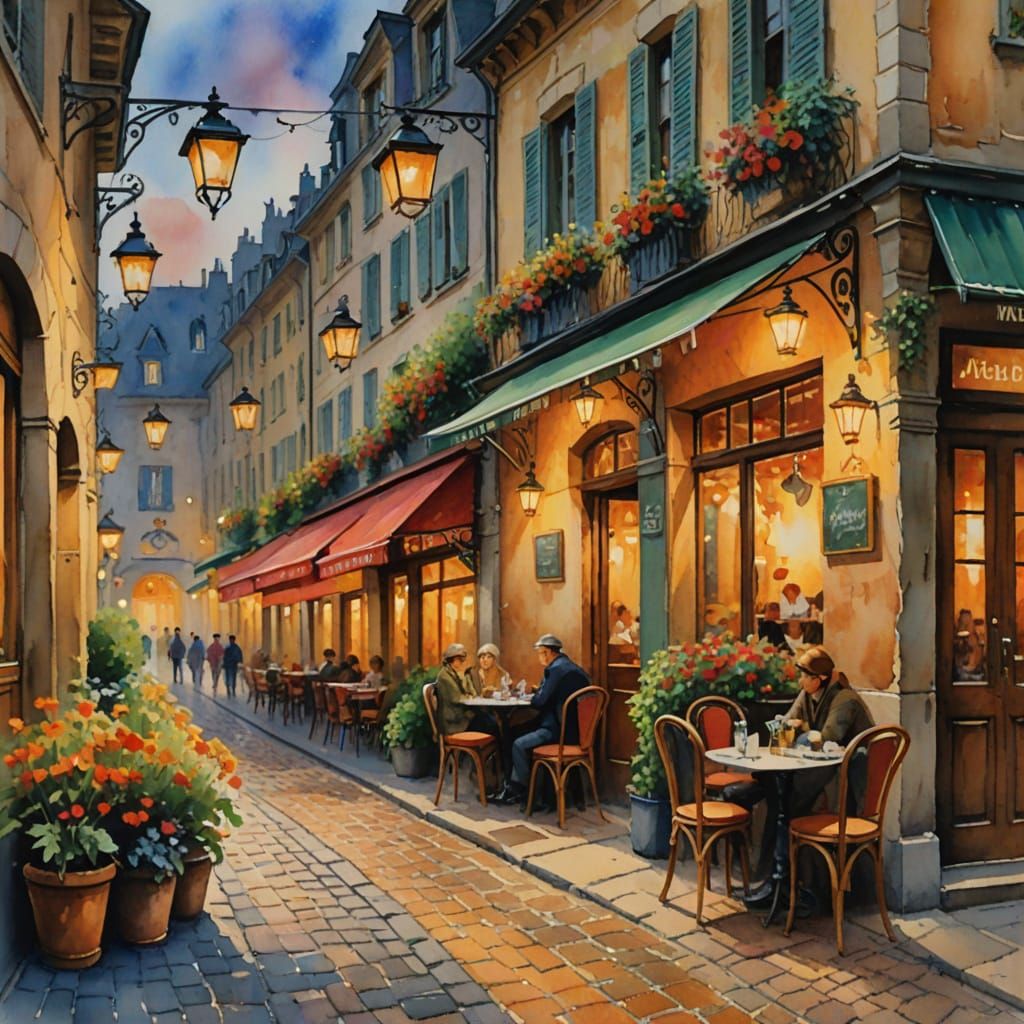 Impressionist Watercolor of Cozy European Café