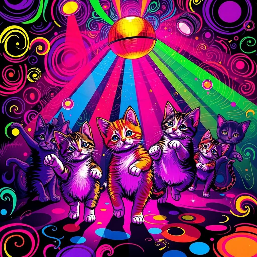 Kittens Dance in Studio 54 Disco Amidst Rainbow Lights