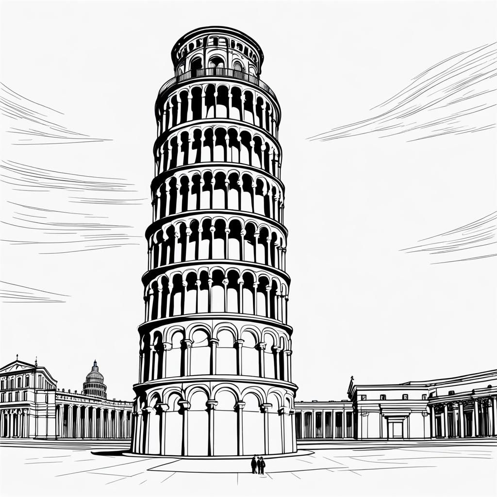 Detailed Line Art of Leaning Tower of Pisa