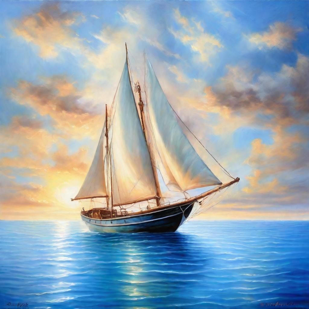 Ancient Sailboat on Supernatural Blue Sea: Surreal Oil Paint...