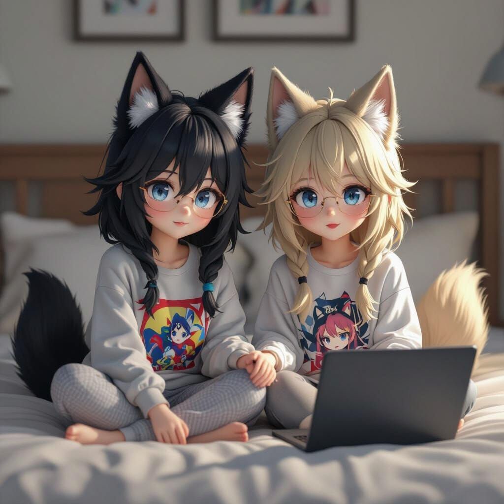 Anime Girls with Wolf Ears Watching Chromebook