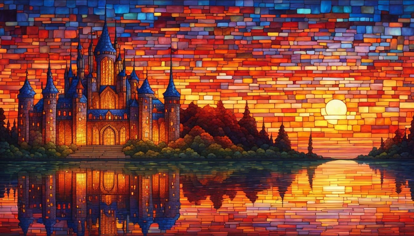 Fantasy Castle at Dawn in Stained Glass Mosaic