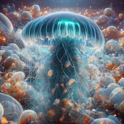 Gigantic Blue Whale Among Tiny Goldfish in Deep Ocean