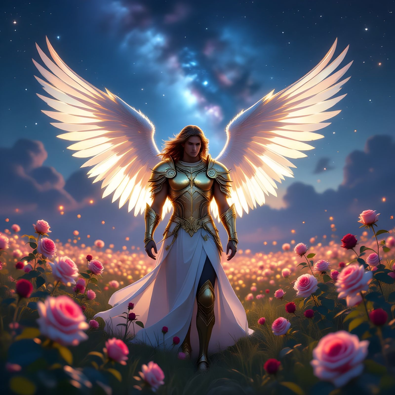 Ethereal Angel in Cosmic Rose Field Under Nebula Sky