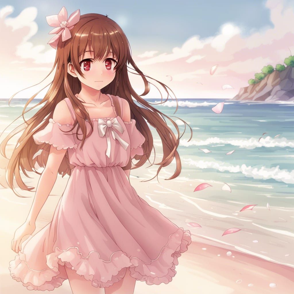 Cute Anime Girl with Freckles on Beach