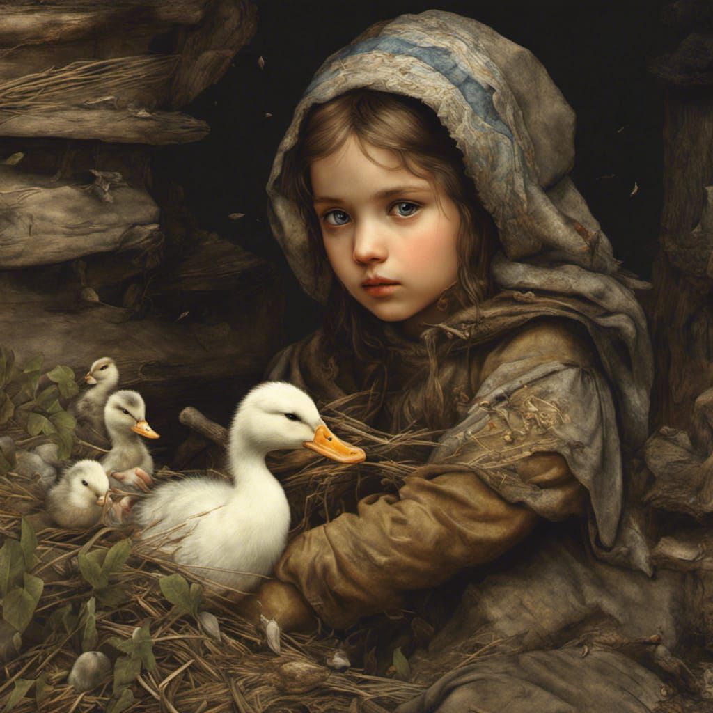 poor Medieval peasant girl with duck