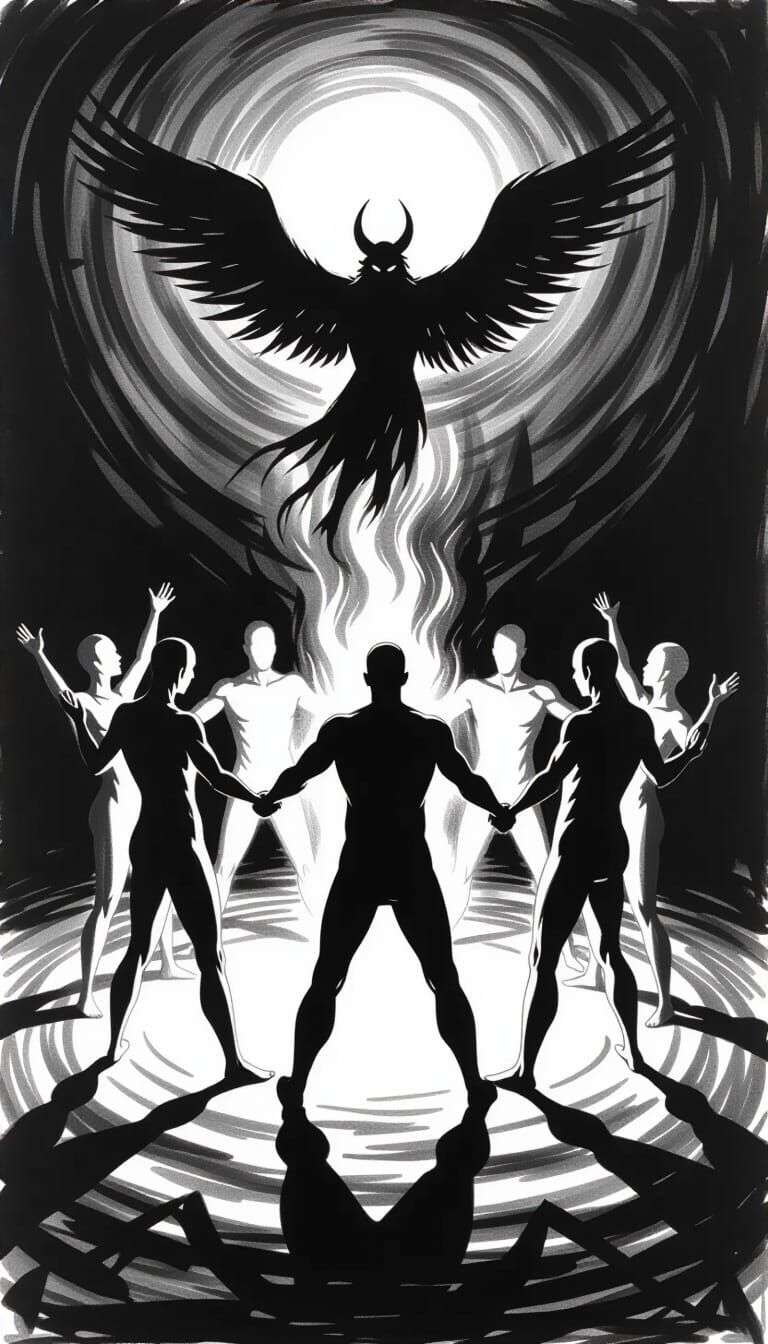 Figures in Ritual Dance Under Celestial Light, Charcoal Styl...