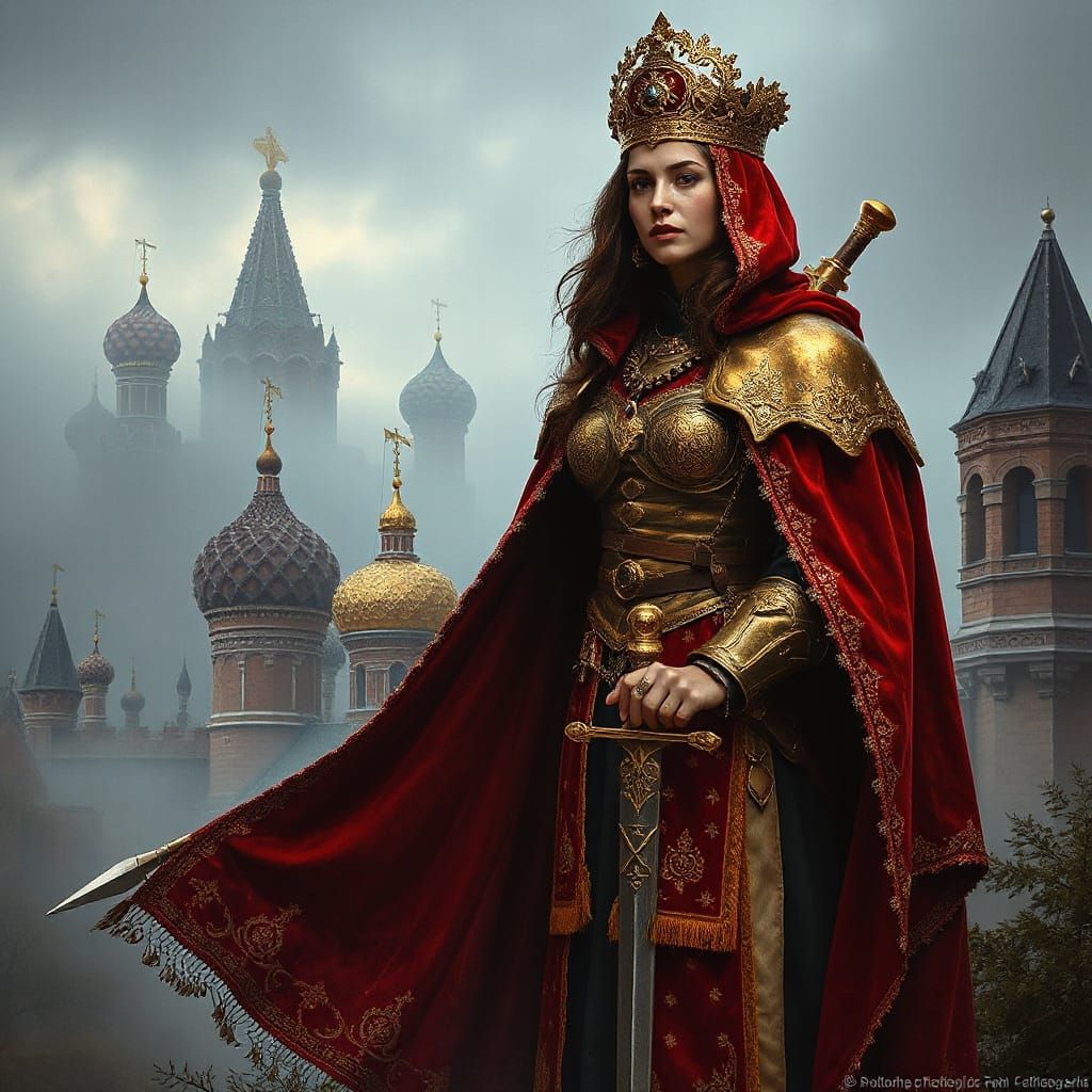 Medieval Russian Princess in Majestic Velvet Cloak