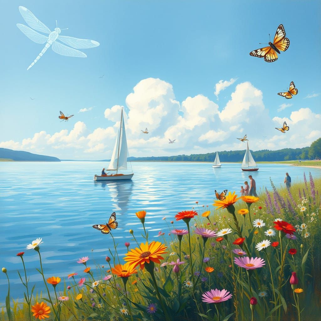 Idyllic Lakeside Scene with Families and Dragonflies in Impr...