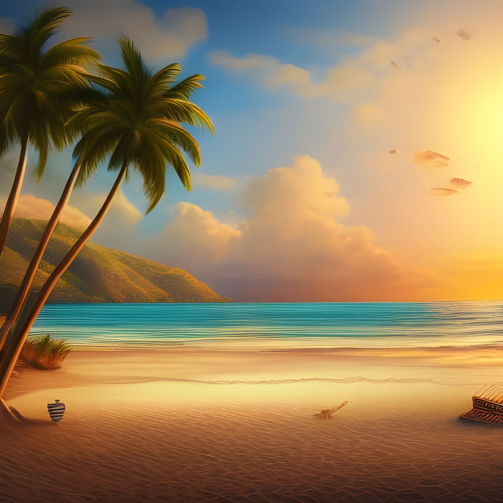 Tropical Beach Sunset with Palm Trees: Matte Painting