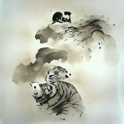 Bear and Tiger in Sumi-e Ink Style