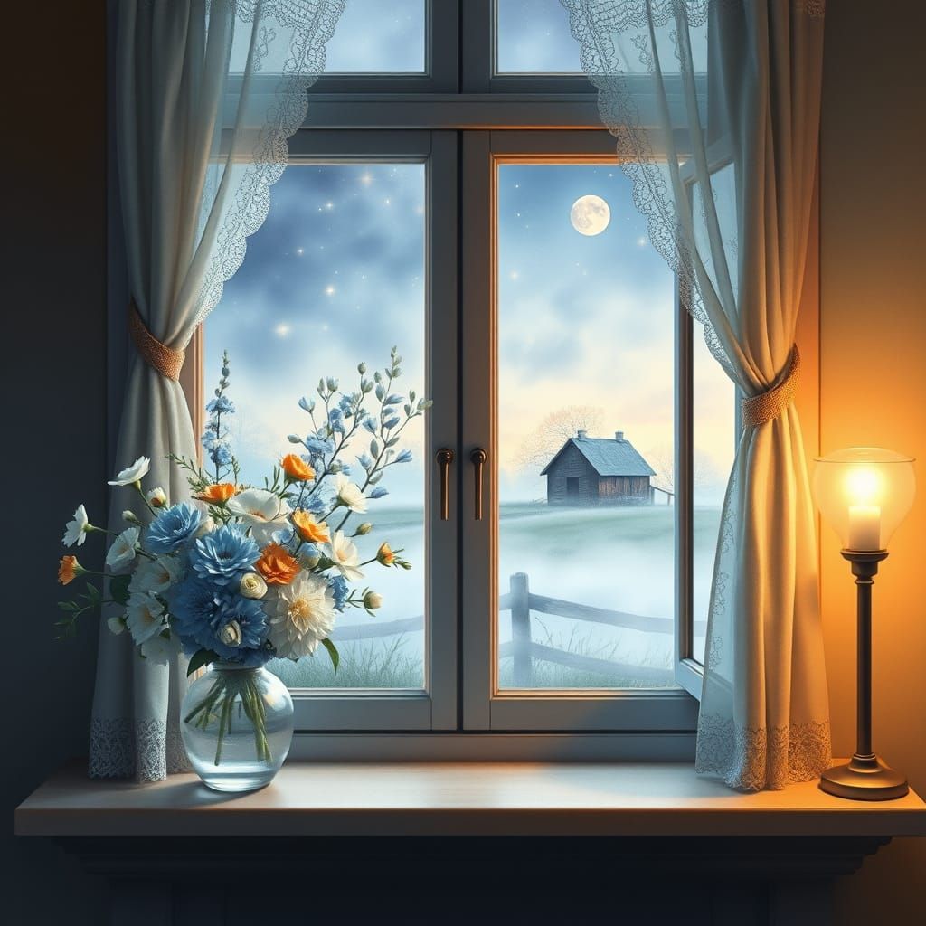 Watercolor Window with Spring Night Sky