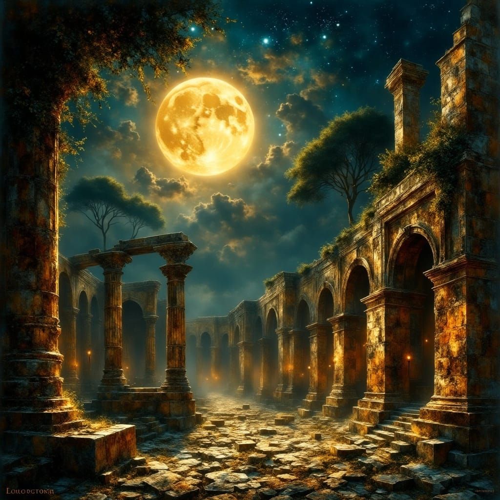 Moonlit Ruins of Alexandria Library in Digital Matte Style