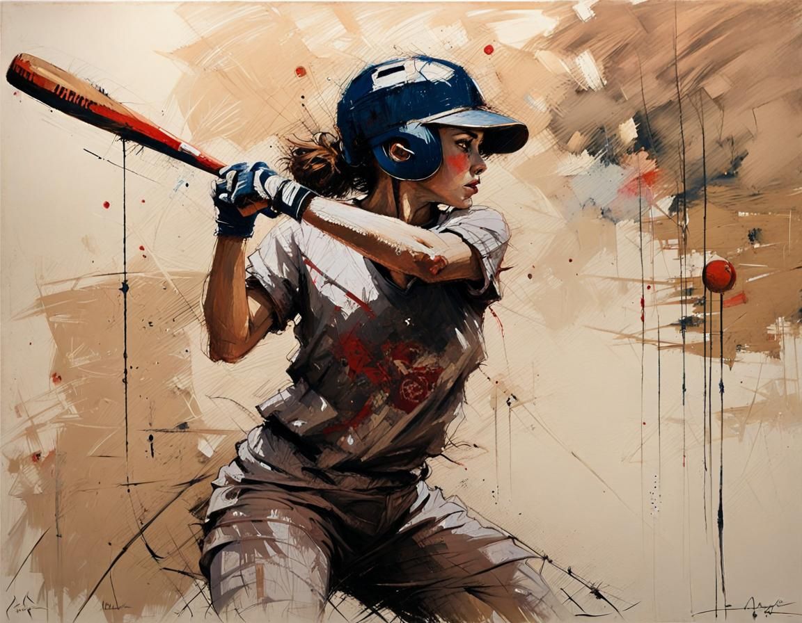 Girl Playing Baseball in Dramatic Oil Painting Style