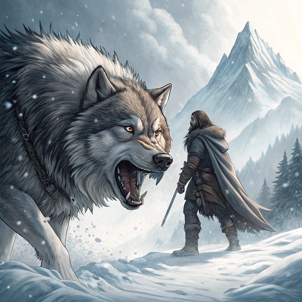 Dire Wolf Confronts Barbarian Warrior in Snowy Wilderness