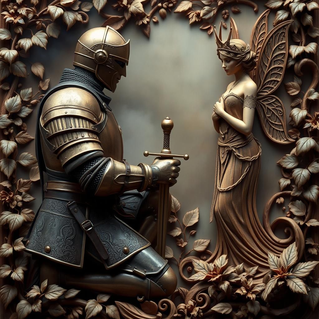 Knight kneeling before the queen of fairies