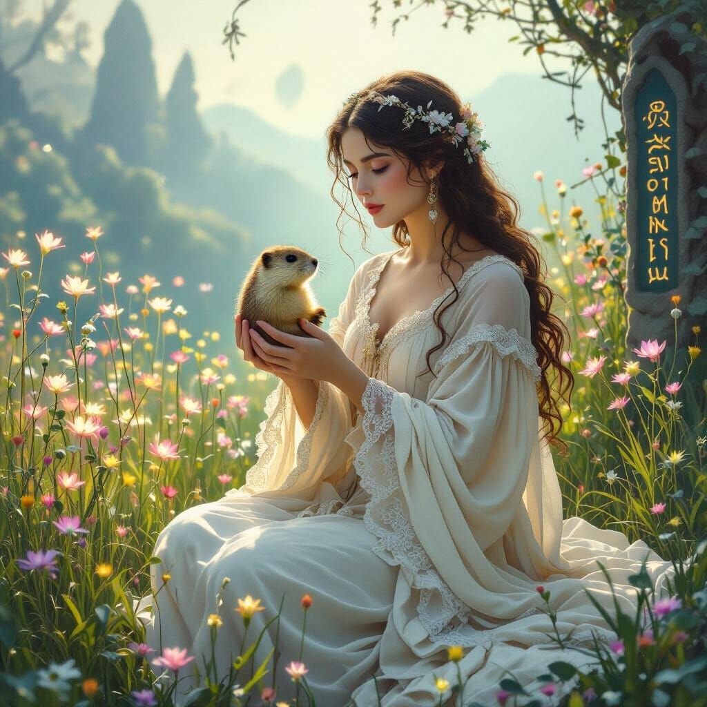Goddess with Marmot in Whimsical Meadow