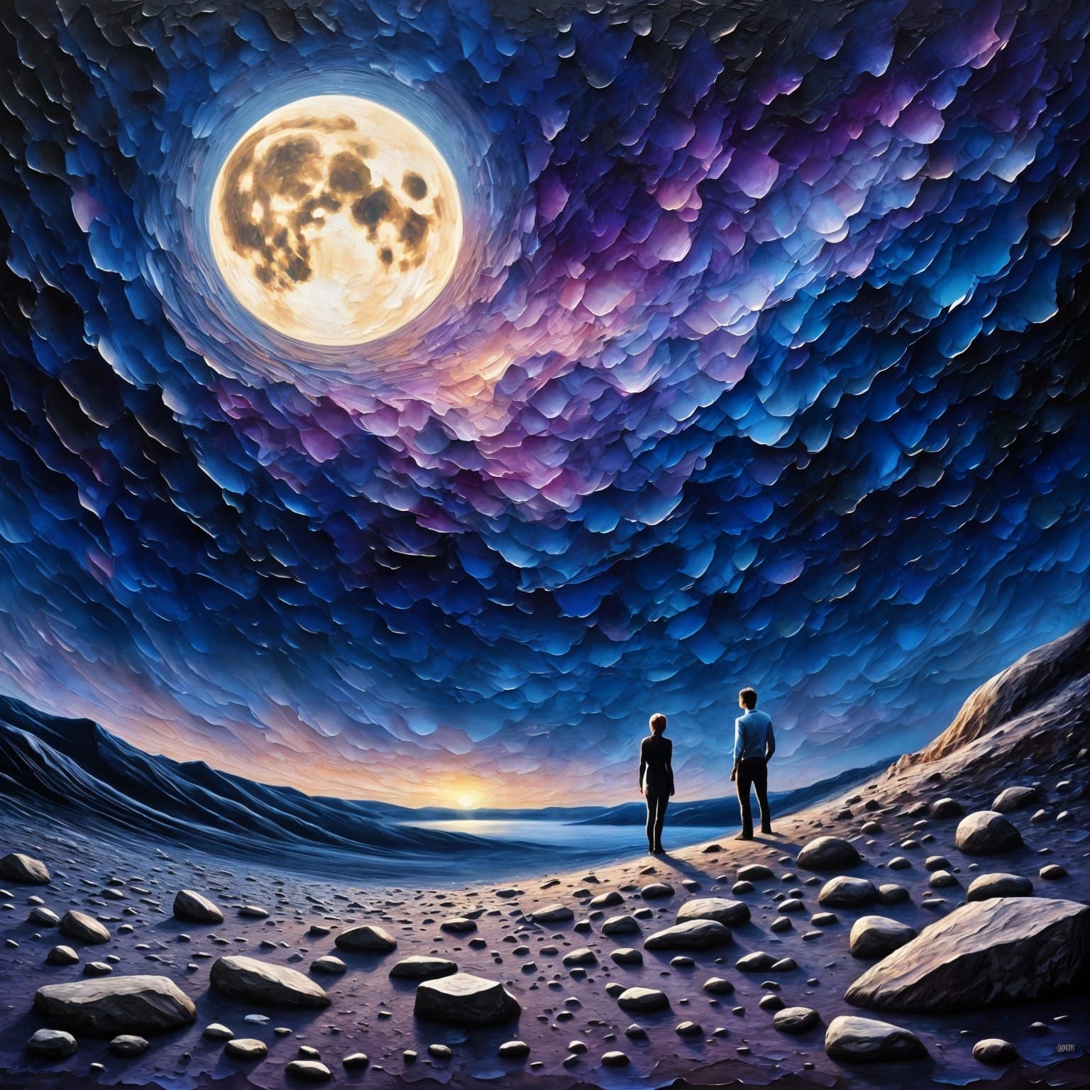 Surreal Expressionist Oil Painting of Dark Moon Landscape