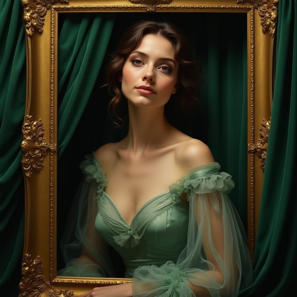 Elegant Woman in Ornate Frame with Velvet Drapes