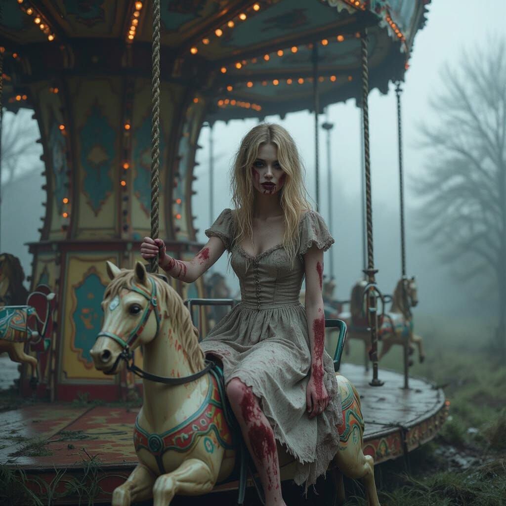 Zombie Girl on Warped Carousel in Foggy Park