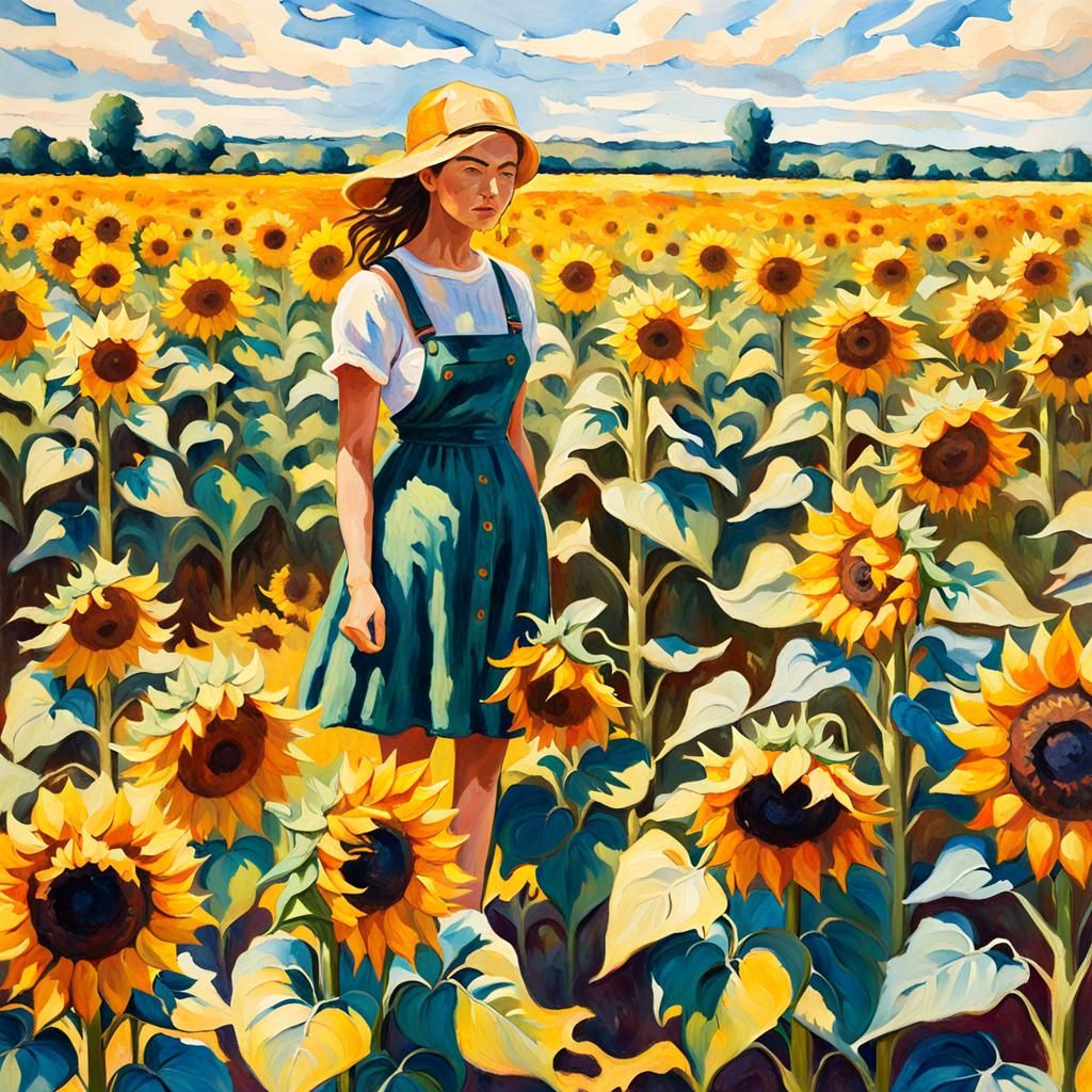 Girl in Sunflower Field, Gouache Impressionist Painting