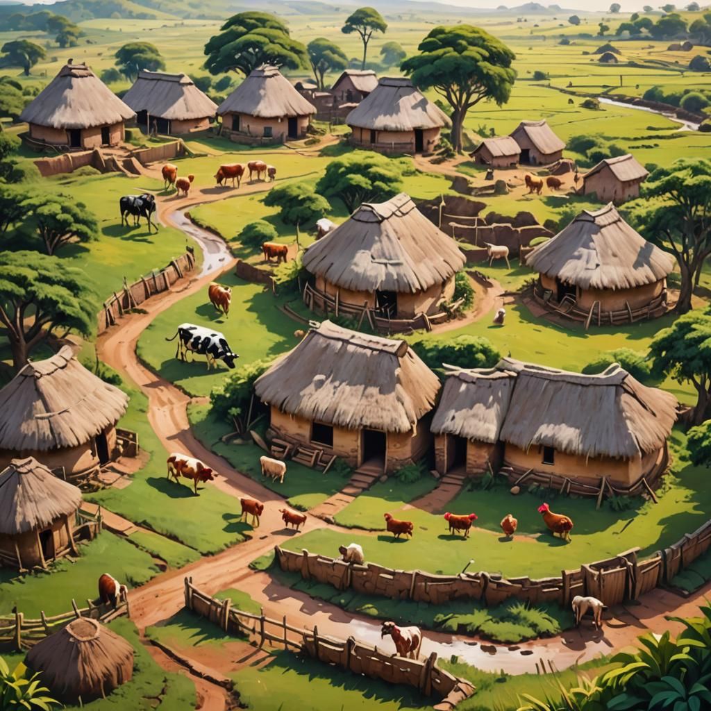 African Village with Thatched Huts: Oil Painting