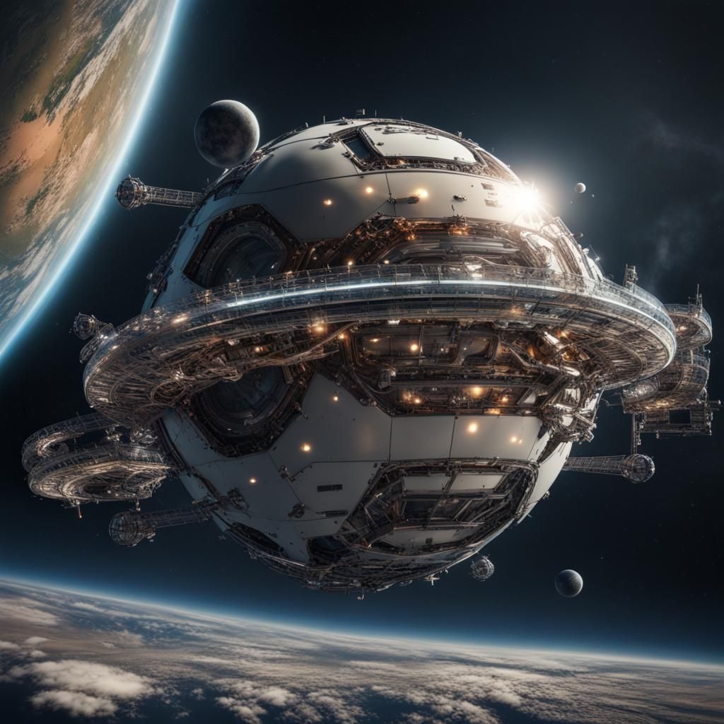 Glass Starship Orbiting Earth: Hyperrealistic Image