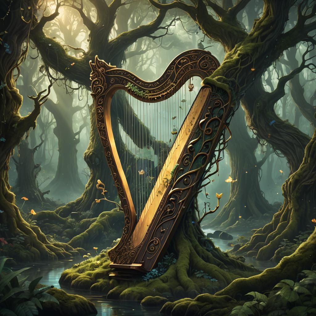 Enchanted Harpsitree Concert in Mystical Forest: Digital Art