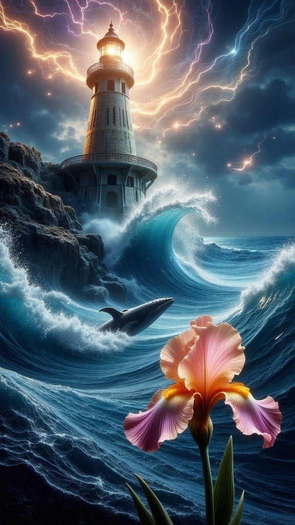 Majestic Lighthouse Illuminated by Lightning Amidst Cosmic G...