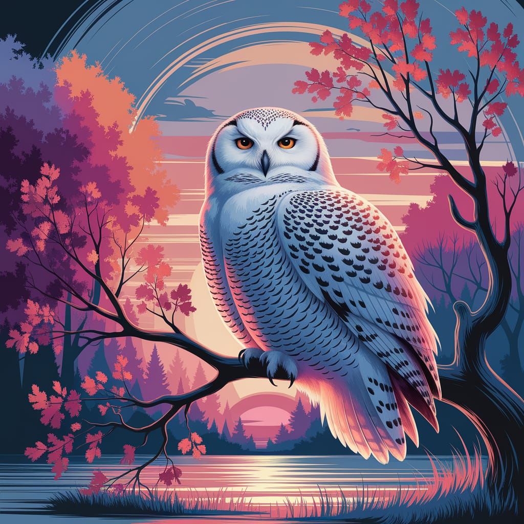 Snow Owl in Digital Watercolour Sunset