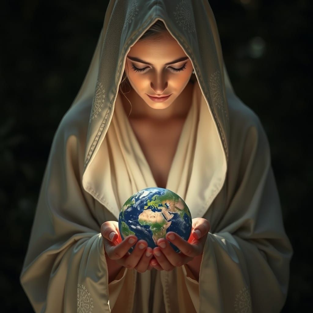 Ethereal Woman Reverently Holds Earth