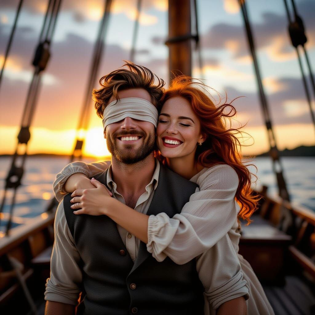 Man Blindfolded on Sailboat Plank at Sunset