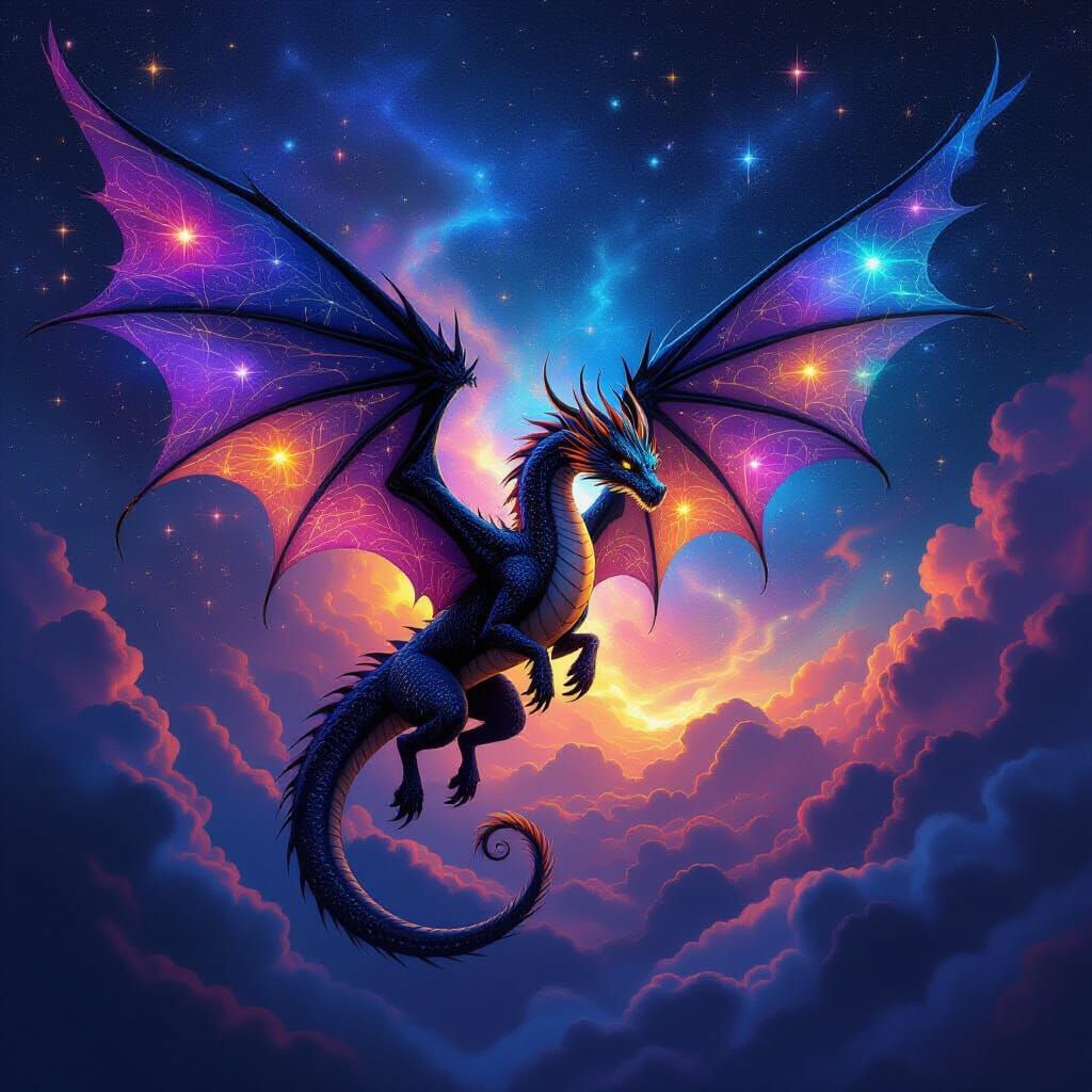 Cosmic Dragon Soars Through Nebula in Mixed Media Style