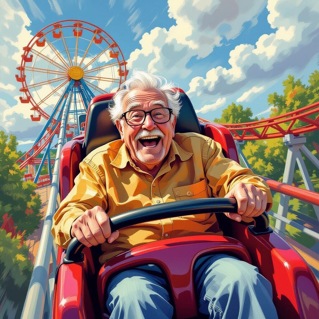 Thrilled Grandpa on Roller Coaster, Whimsical Illustration