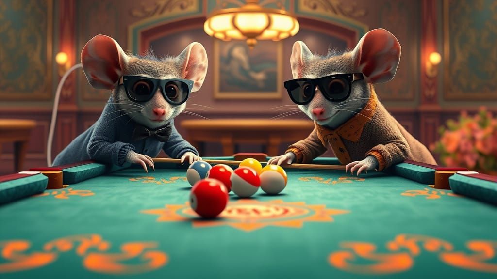 Mice Play Billiards in 3D Digital Art Style