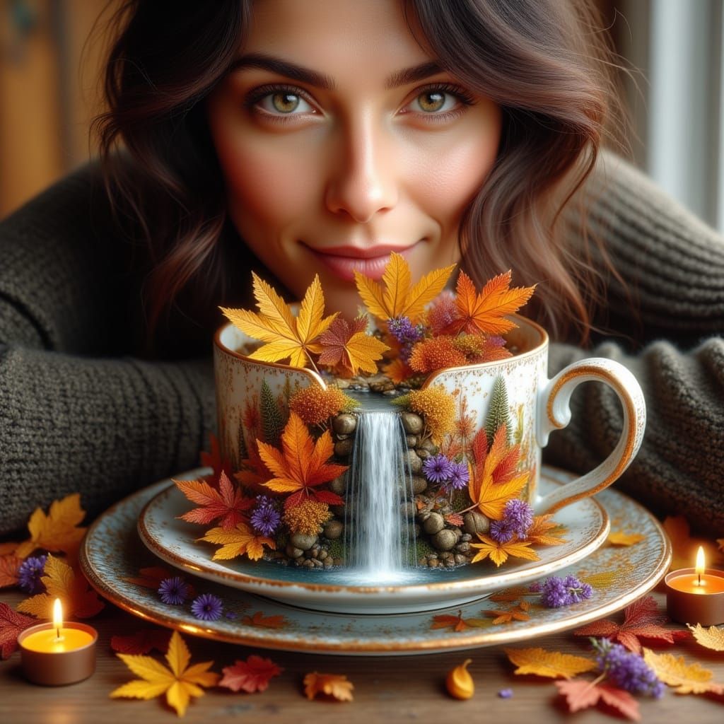 Woman's Coffee Cup Holds Miniature Autumn Village