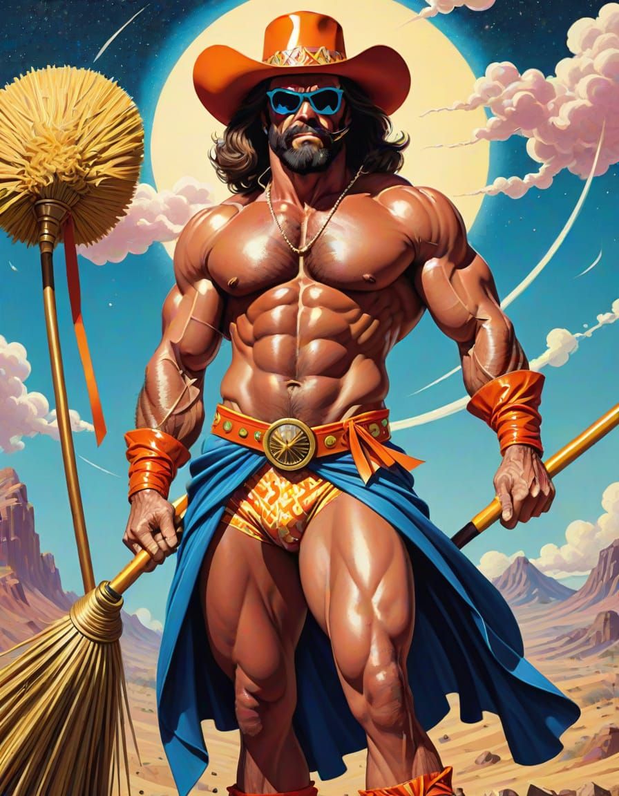 Macho Hero Embarks on Decadent Odyssey with Luxurious Broom