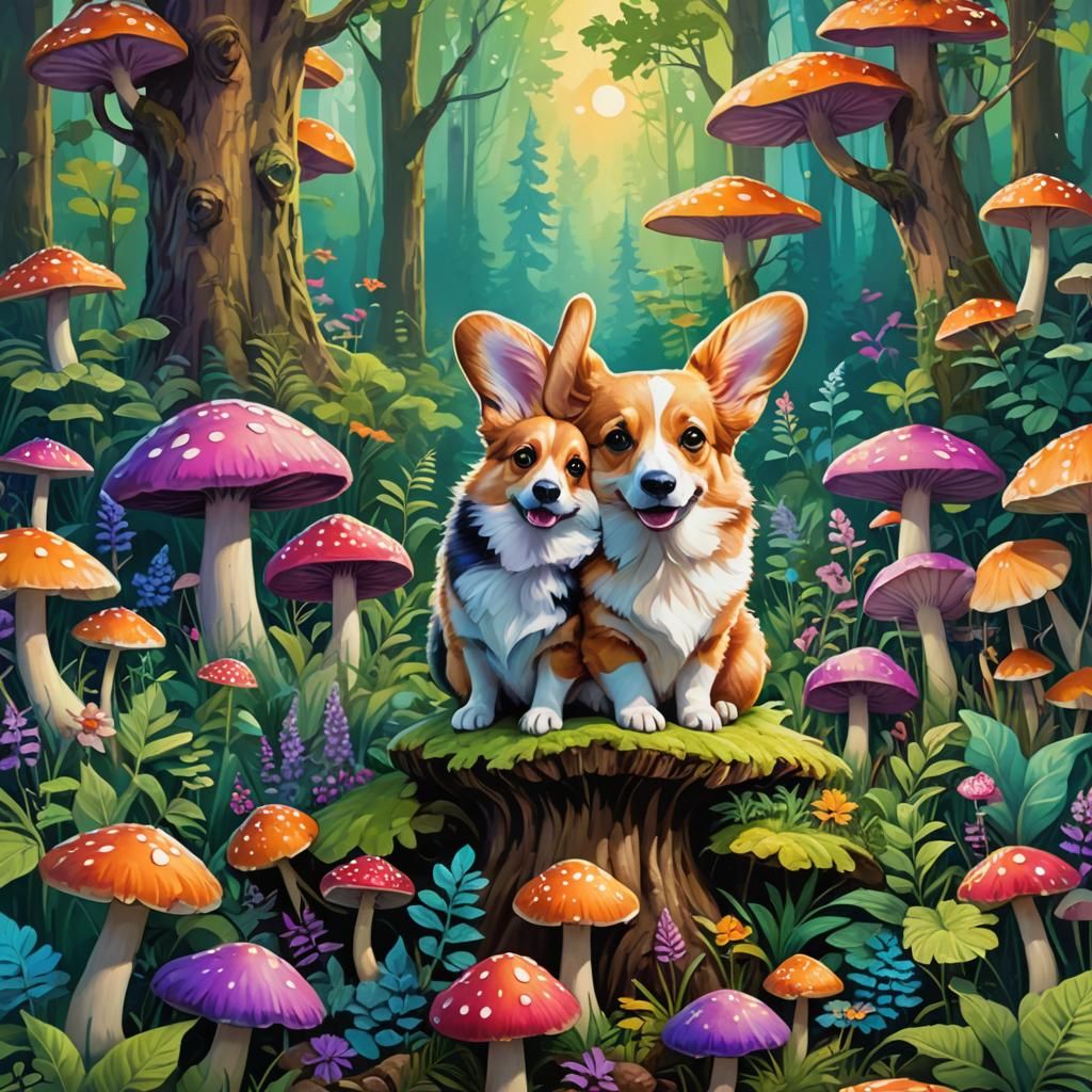 Corgi and Bunny in Whimsical Forest Fantasy