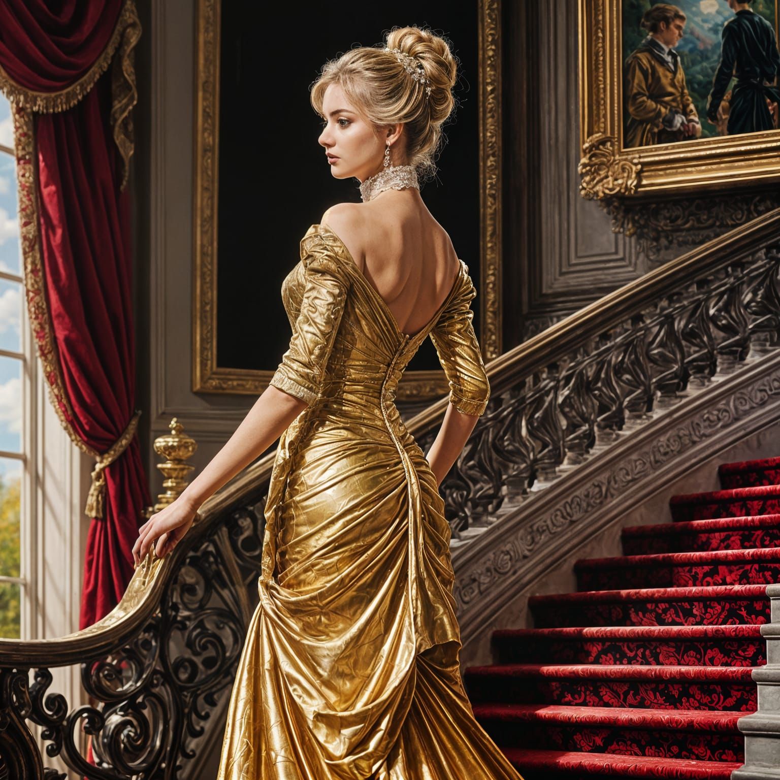 Victorian Woman in Gold Dress Oil Painting