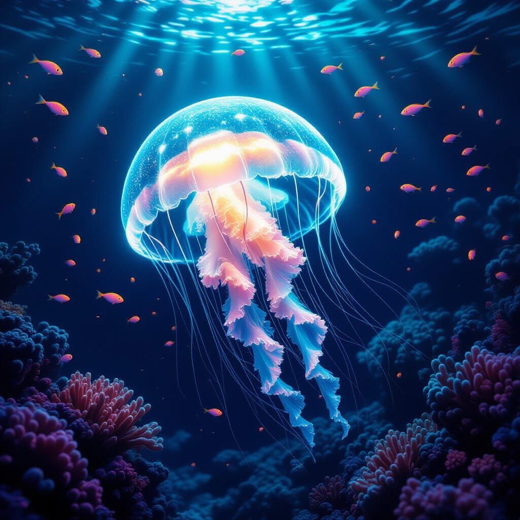 Bioluminescent Jellyfish in Alien Ocean: Hyperrealistic Digi...