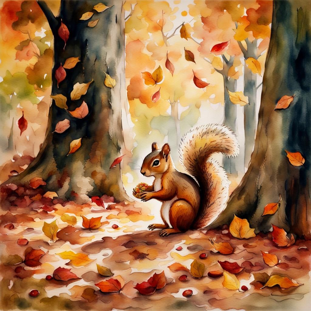 Squirrel Gathering Nuts in Watercolor Autumn Landscape