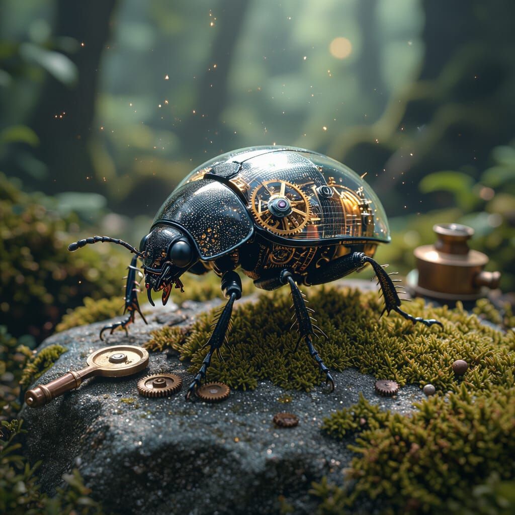 Clockwork Beetle Crawling in Enchanted Forest as Macro Photo...