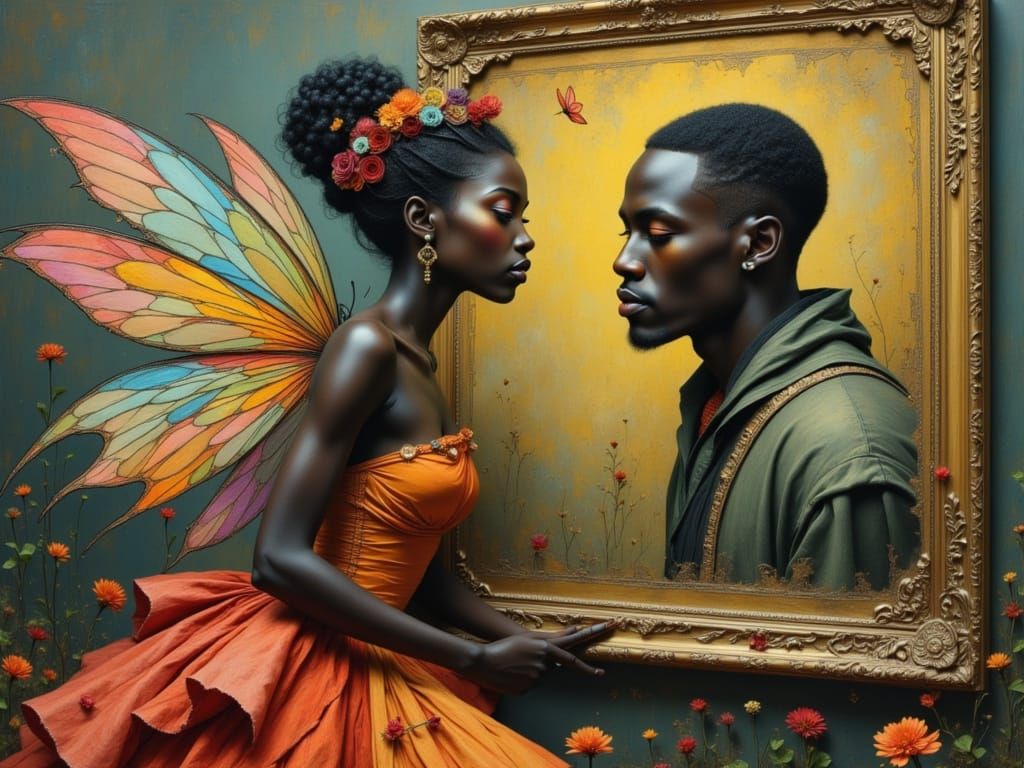 Sad Fairy Gazing at Portrait in Vibrant Style