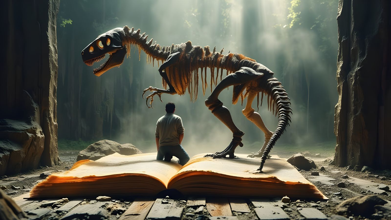 Fossilized T-Rex Pop-Up Book in Oil Paint Style